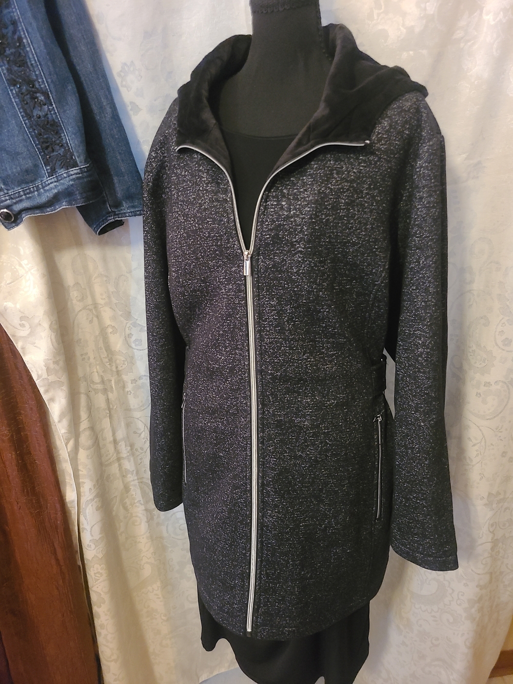 Avenue Black Hooded Zip-Front Trench Coat
